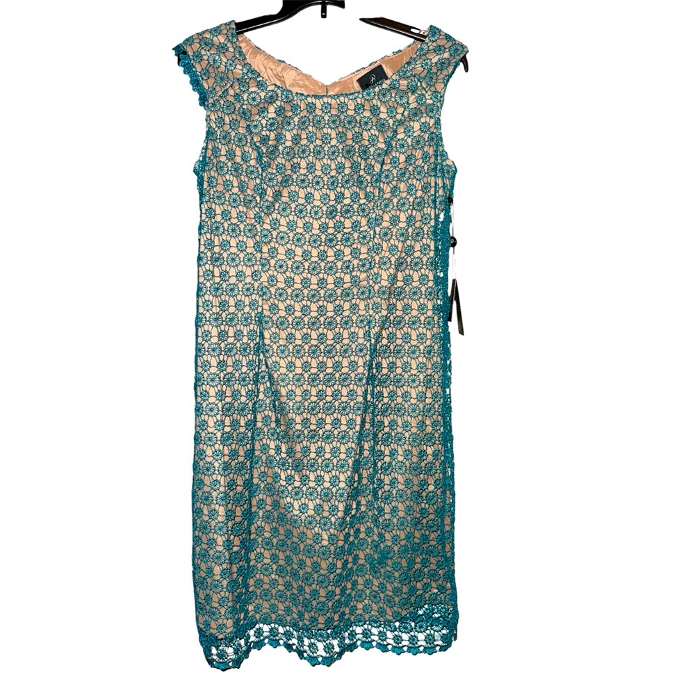 👗 NWT! Adrianna Papell Crochet Lace Teal Dress - Picture 2 of 11